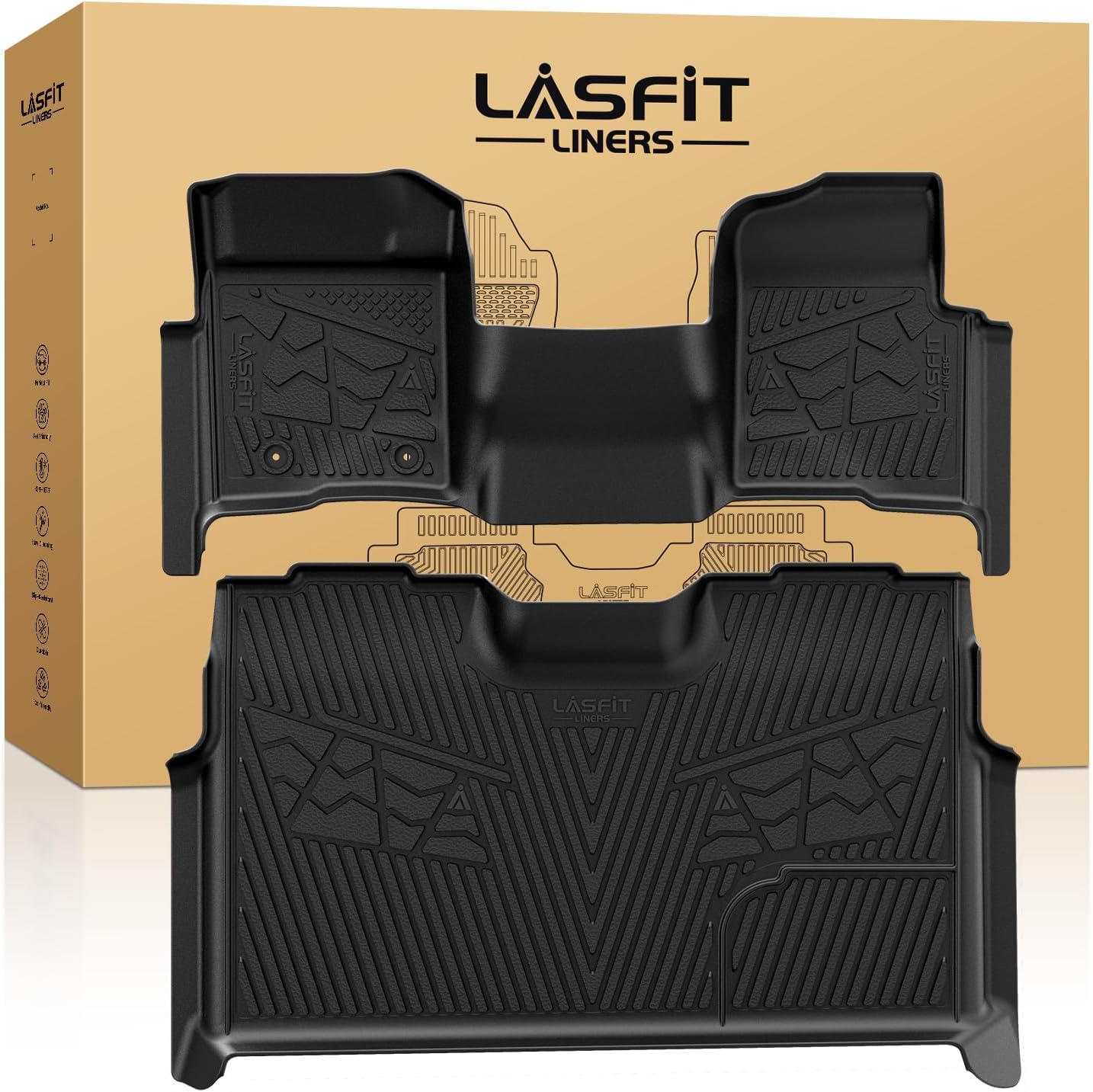 LASFIT Floor Mats for Ford F-150 2011-2014 SuperCrew 1st Row Bench Seating Carpet Floor, All Weather Protector Car Liners TPE Truck Mats, Front & Rear Rows, 3pcs Black