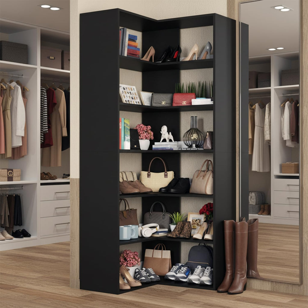 Anystyle 71 Inch Large Corner Shoe Rack for 40+ Pairs, 6-Tier L-Shaped Shoe Storage Cabinet Organizer, Freestanding Wooden Shoe Shelf for Closet, Entryway, Hallway, Black