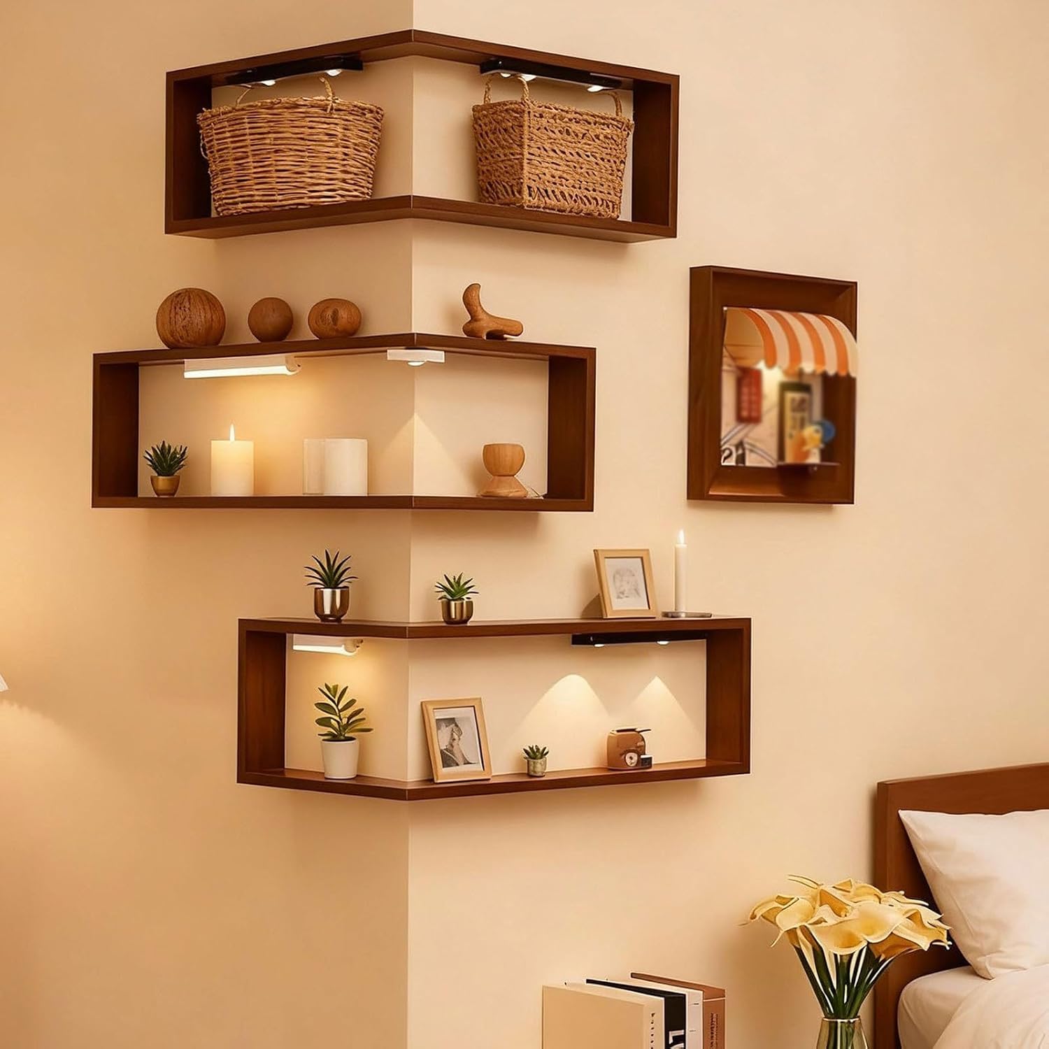 Floating Corner Shelves, Wall Mounted Corner Shelf for Bedroom Decor, Modern Display Shelves for Plants & Books, Space Saving Corner Wall Shelf(L-Shape B 30 x 60 x 20 cm,3 Pack)