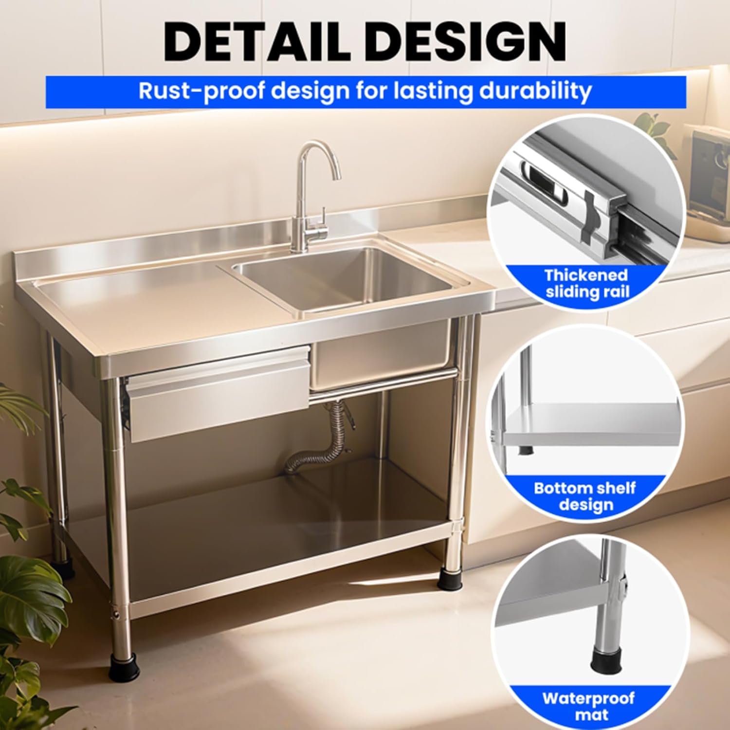 Stainless Steel Utility Sink, NFS-Commercial Sink, 39' Free Standing Single Bowl Sink with Drawer & Hot/Cold Water Pipe, Workbench for Laundry & Outdoor