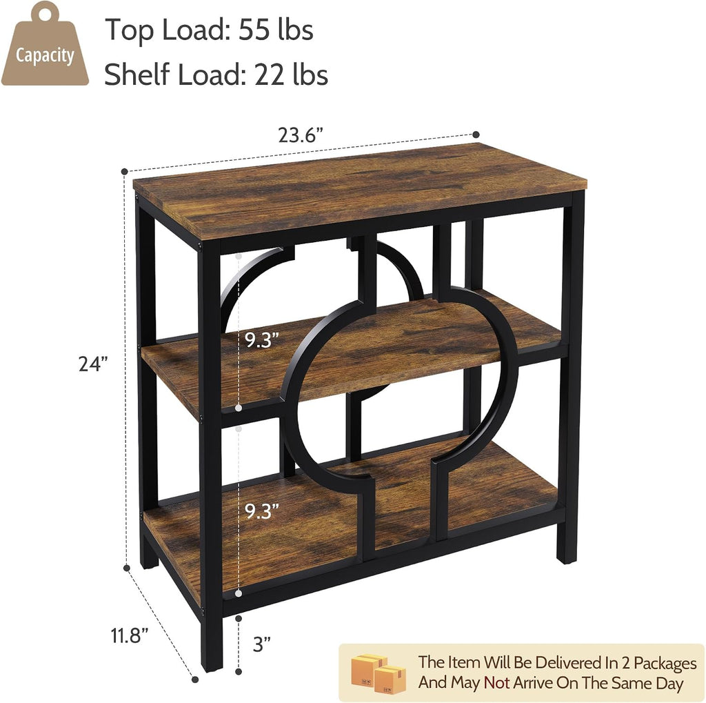 End Table Set of 2, Narrow Side Table with 3-Tier Storage Shelves, Wood Sofa Side Table with Geometric Metal Frame for Living Room, Industrial Bedside Nightstand for Bedroom (Brown)