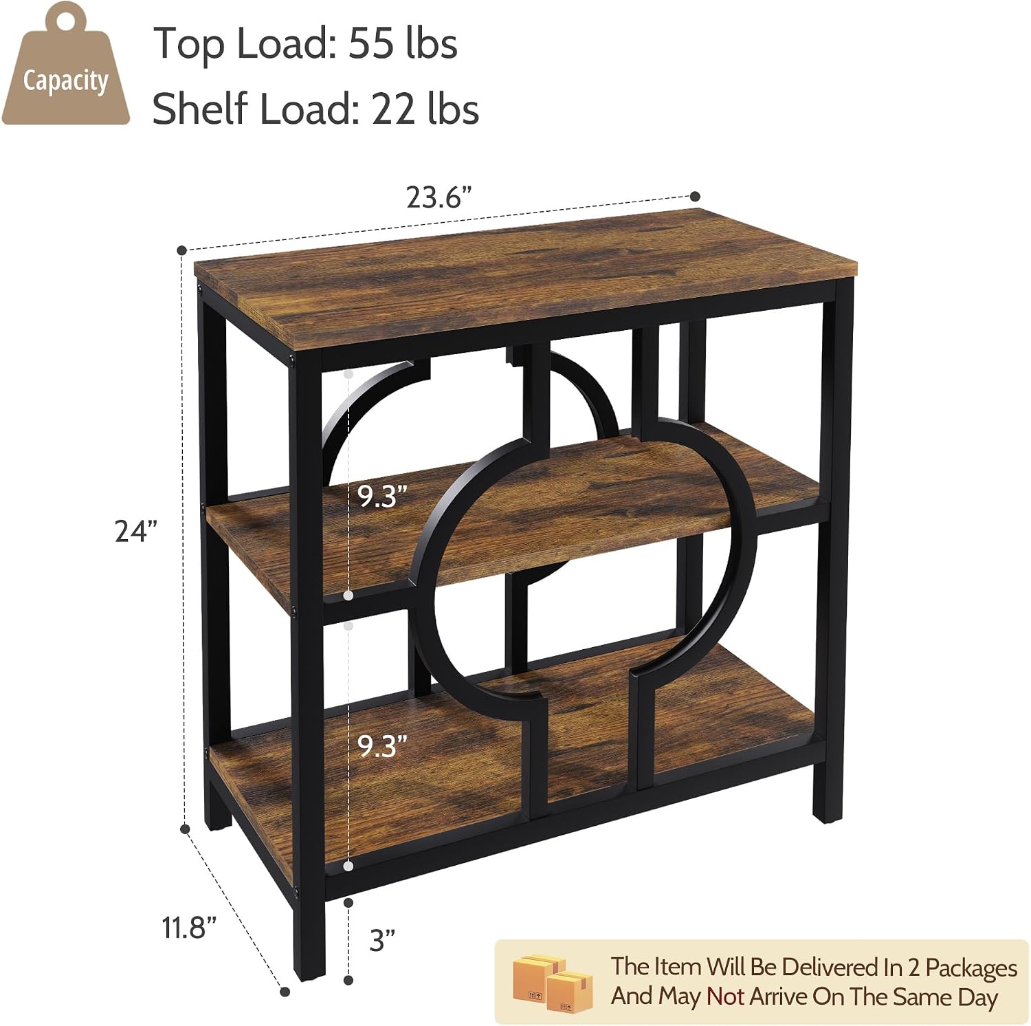 End Table Set of 2, Narrow Side Table with 3-Tier Storage Shelves, Wood Sofa Side Table with Geometric Metal Frame for Living Room, Industrial Bedside Nightstand for Bedroom (Brown)