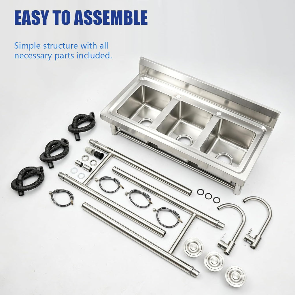 3 Compartment Sink, 3 Bay Stainless Steel Sink with Inlet Pipes & Faucet, Commercial Utility Sink for Basements, Terraces, Bars, Kitchens, Freestanding, 39 x 18 x 35.8 Inch