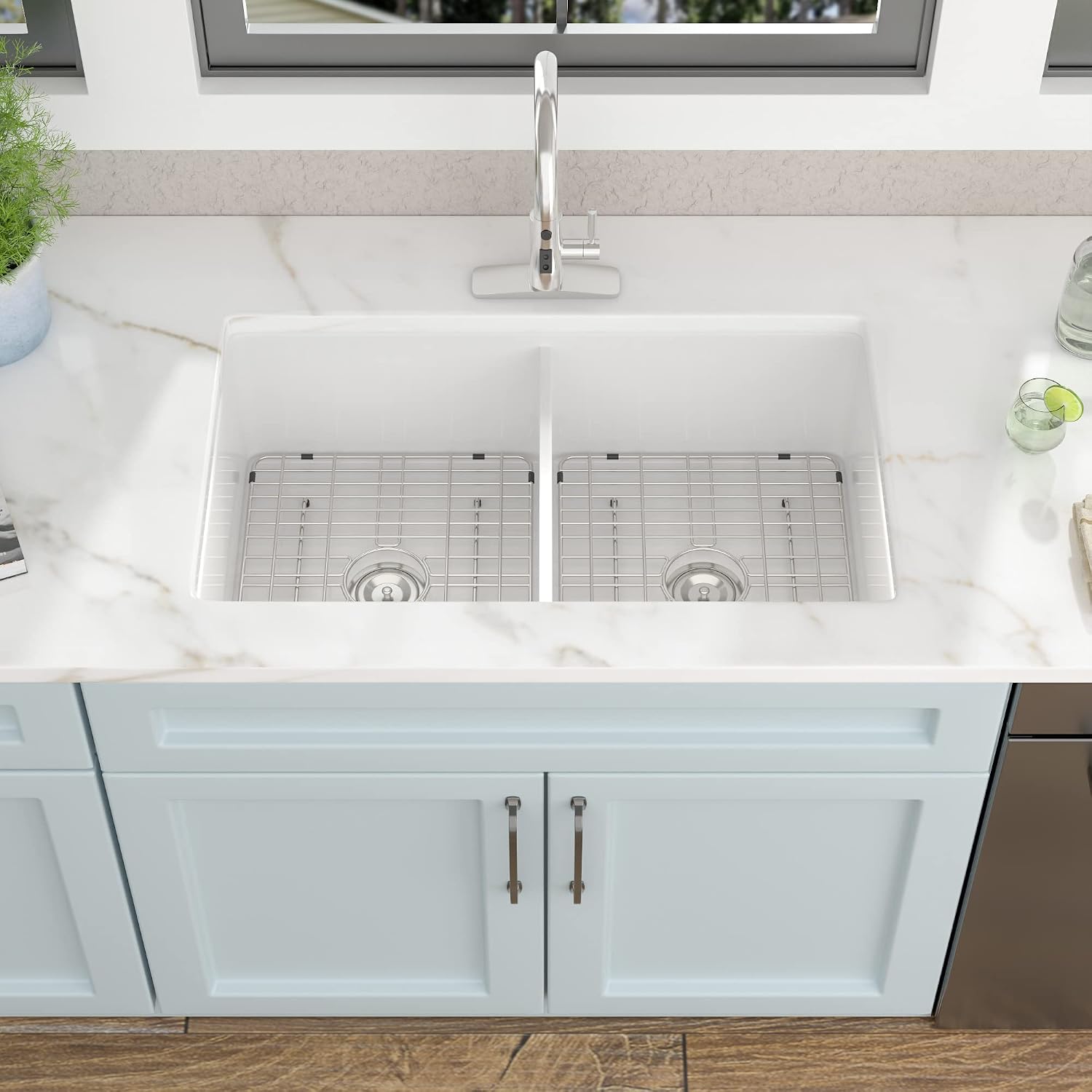 32'x19' White Undermount Kitchen Sink Double Bowl - White Ceramic Porcelain Fireclay Dual Mount Double Bowl 50/50 Drop In Top Mount & Under Counter Sink Basin