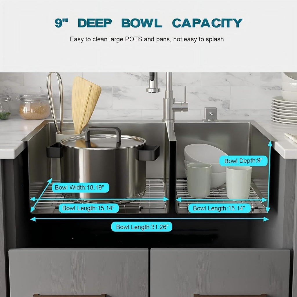 33 Inch Drop In Double Bowl Kitchen Sink with Nano Coating, 20 Gauge 304 Stainless Steel Topmount Kitchen Sink with Accessories