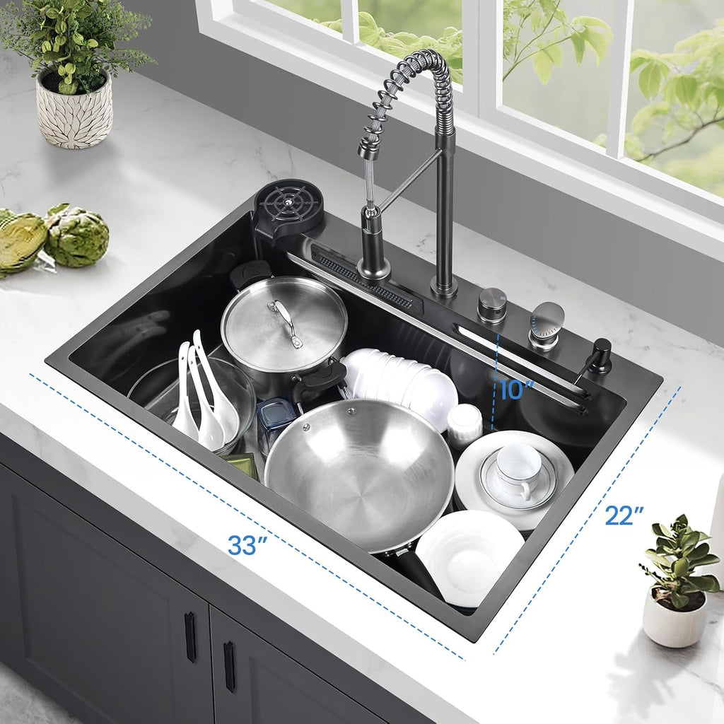 33x22 Inch Kitchen Sink with Waterfall Faucet Combo, Nano PVD Black 16 Gauge Stainless Steel Workstation, Scratch Resistant Single Bowl Drop-In Sink, Multifunctional Handmade Design
