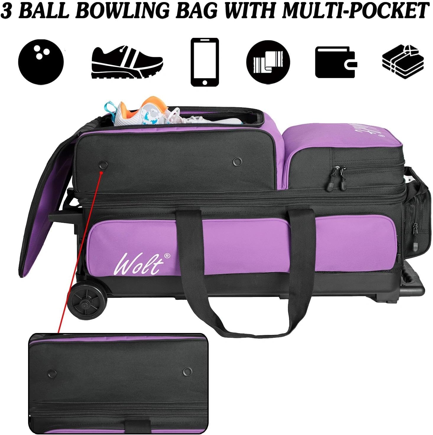WOLT 3 Ball Bowling Bags with Wheels,Bowling Ball Bag 3 Ball Roller with Separate Shoe Compartment and Accessory Pocket, Retractable Handle Extends to 38''