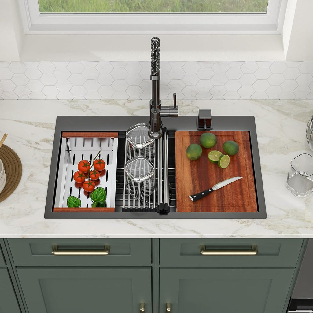 Logmey 30 Inch Drop In Kitchen Sink Workstation 30x19x9 Inch Gunmetal Black Topmount Sinks Stainless Steel 16 Gauge Overmount Kitchen Sink