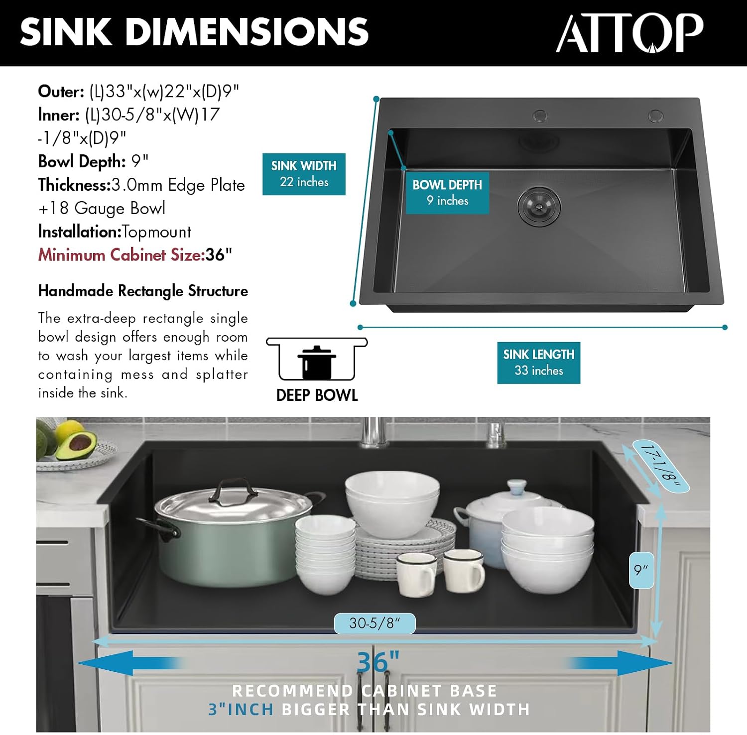 ATTOP 33 Inch Black Large Single Bowl Drop in Kitchen Sink,33x22 Inch Nano Black Stainless Steel Handmade Drop in Single Bowl Kitchen Sink