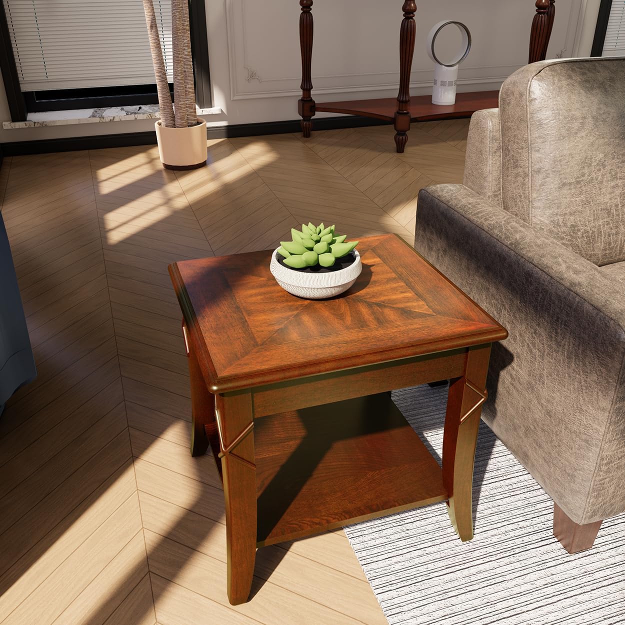 Solid Wood Side Table with Storage Shelf, Cherry Wood End Tables Living Room, Traditional Style End Table, Vintage Beside Table with Curved Legs for Apartment, Cherry Walnut Accent Table CJZ-DR200
