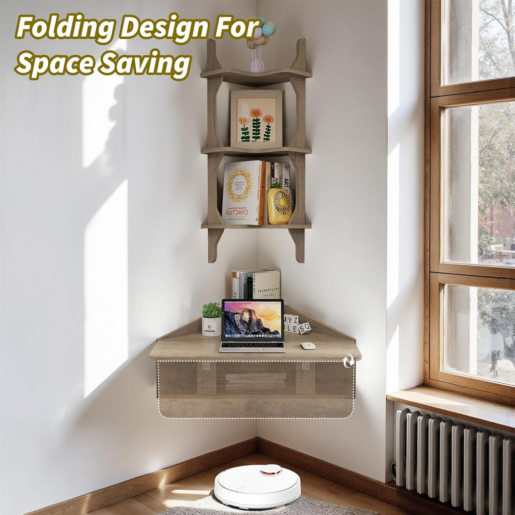 Pmnianhua Floating Corner Desk,Wall Mounted Table with Shelves,Folding Corner Shelf,Wall Corner Shelf for Small Space Computer(Rustic Grey)