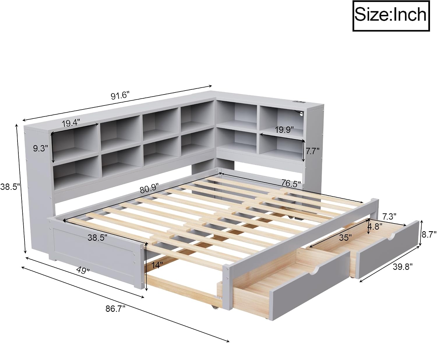 Merax Twin XL to King Size Daybed with Two Storage Drawers and Light, Wooden L-Shaped Corner Bed Sofa Bed with Storage Shelves and USB Ports, No Box Spring Needed, Gray