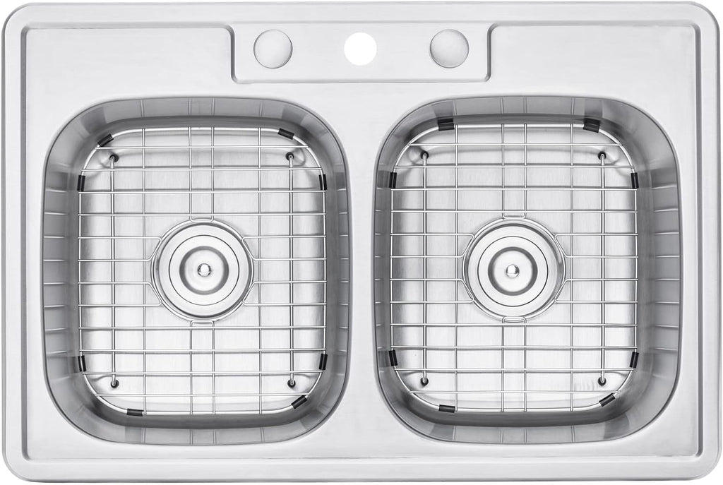 CozyBlock 33 x 22 x 9 Inch 50/50 Top-mount/Drop-in Stainless Steel Double Bowl Kitchen Sink with Strainer and Protective Bottom Grid - 18 Gauge Stainless Steel-3 Faucet Hole