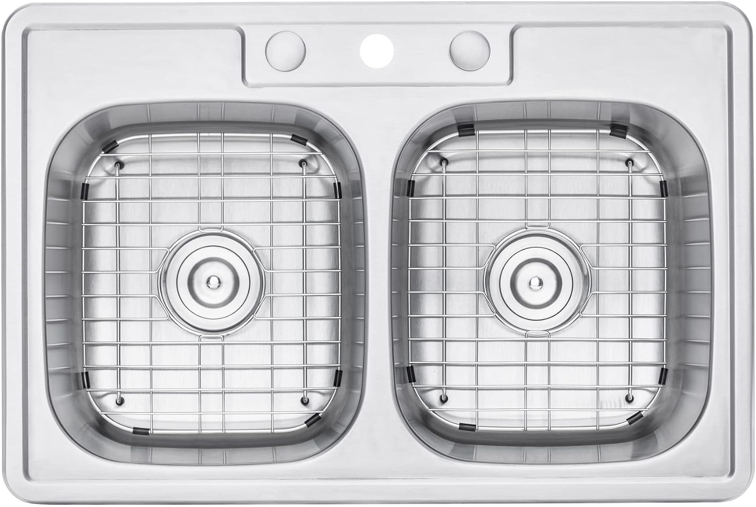 CozyBlock 33 x 22 x 9 Inch 50/50 Top-mount/Drop-in Stainless Steel Double Bowl Kitchen Sink with Strainer and Protective Bottom Grid - 18 Gauge Stainless Steel-3 Faucet Hole