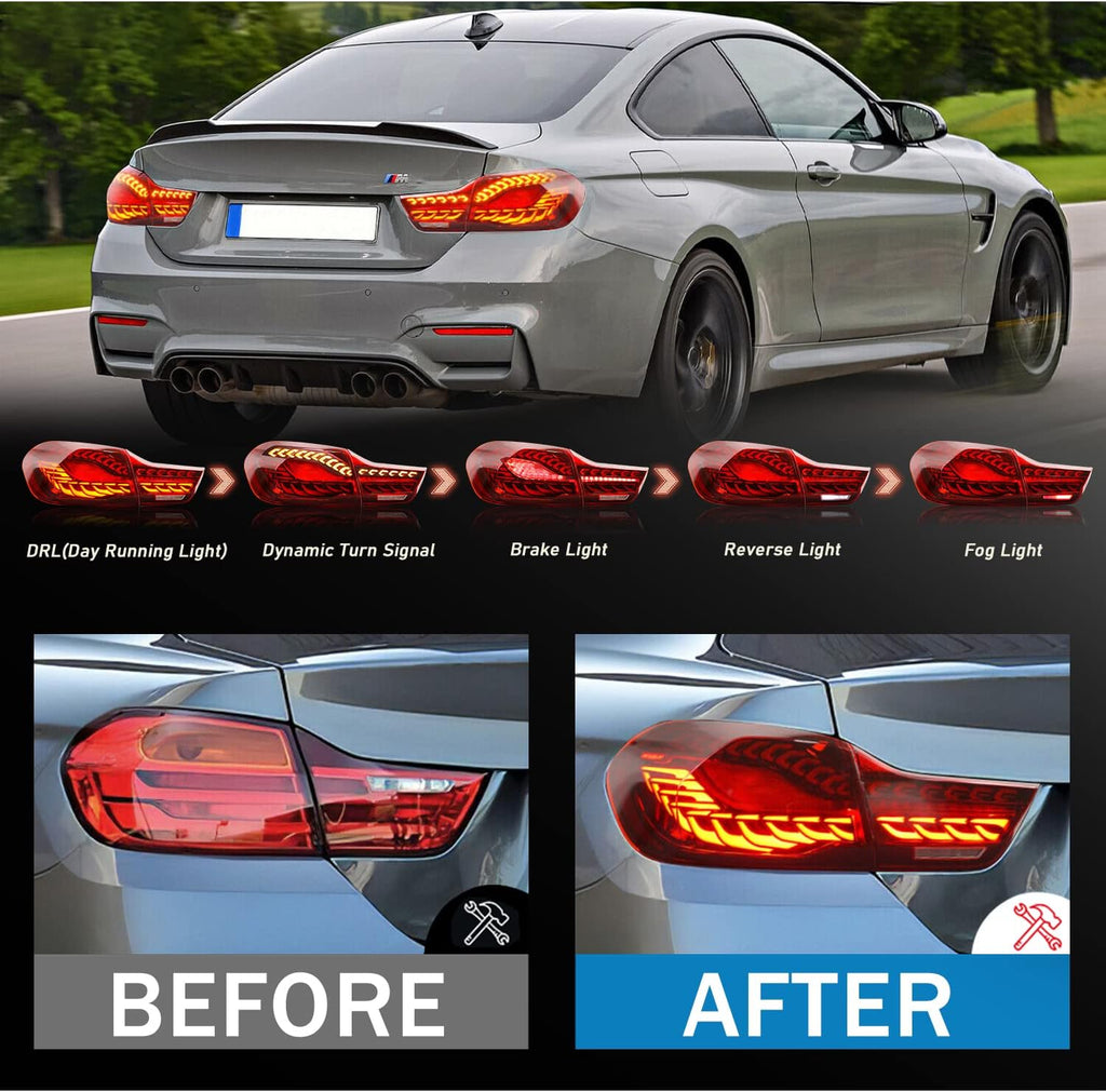 HCmotion LED Tail Lights Assembly For BMW 4 Series M4 F32 F33 F82 F36 F82 F83 Sedan/Convertible/Coupe 2014-2020,LED Rear Lamps With Start-up Animation & Sequential Indicator (Red)