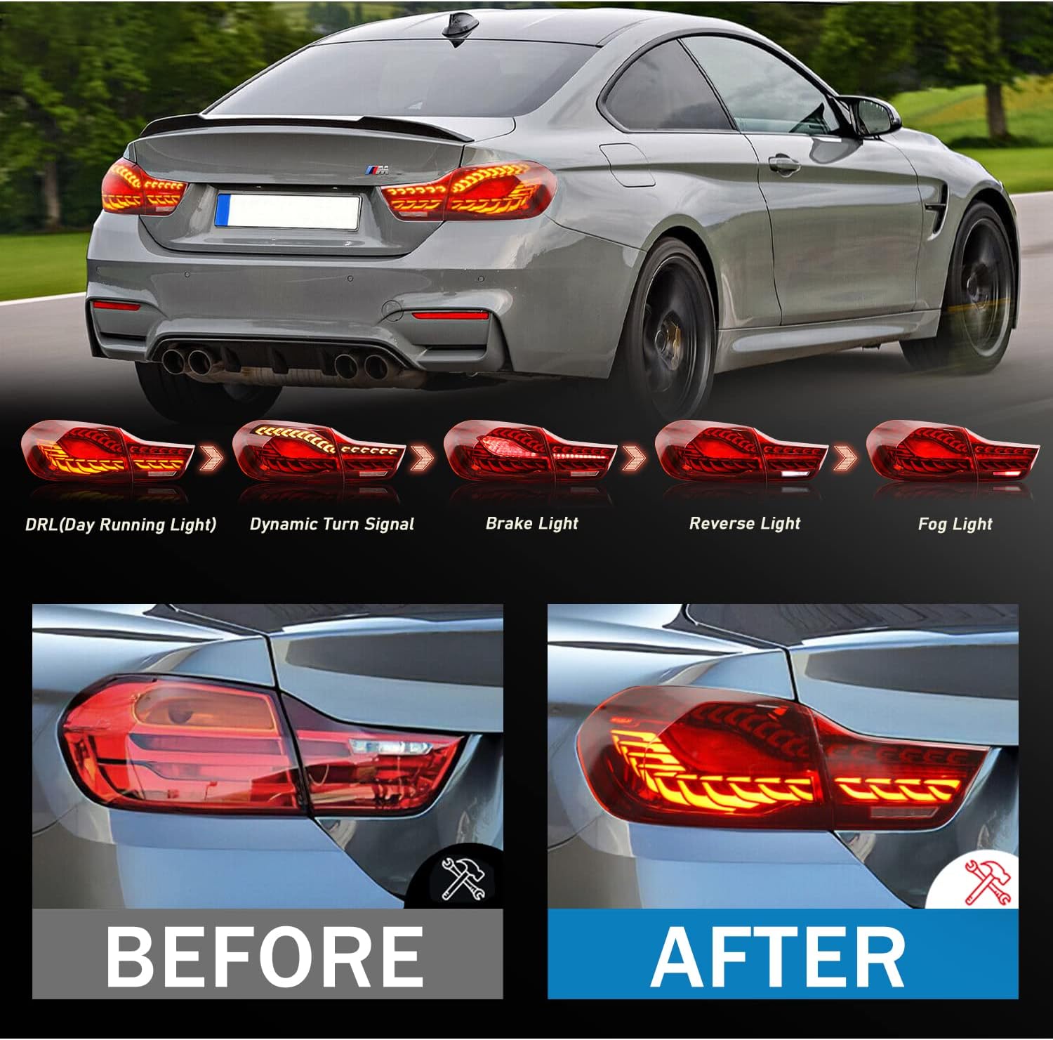 HCmotion LED Tail Lights Assembly For BMW 4 Series M4 F32 F33 F82 F36 F82 F83 Sedan/Convertible/Coupe 2014-2020,LED Rear Lamps With Start-up Animation & Sequential Indicator (Red)