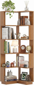 5 Tier Corner Bookshelf, Freestanding L-Shaped Wooden Bookcase with Open Shelves, Anti-Fall Panels and Anti-Tipping Device for Living Room, Bedroom, Home Office (Dark Oak)