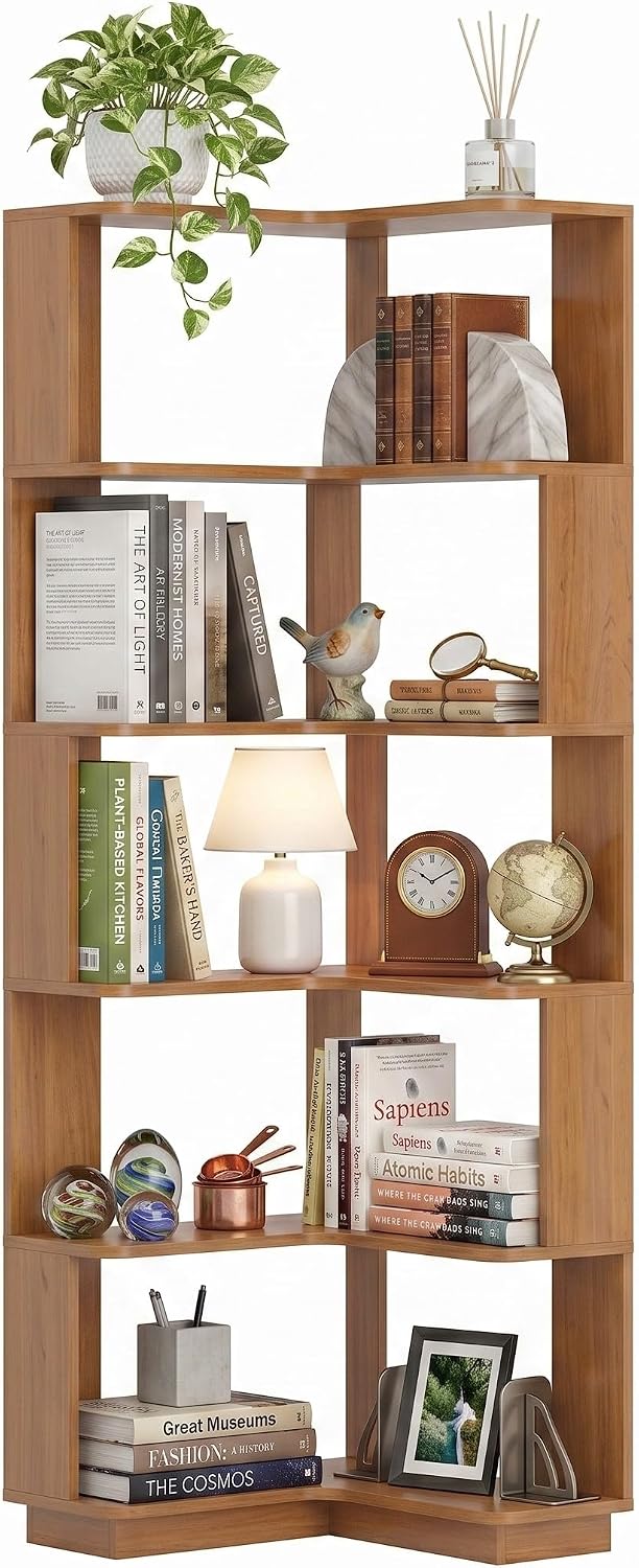 5 Tier Corner Bookshelf, Freestanding L-Shaped Wooden Bookcase with Open Shelves, Anti-Fall Panels and Anti-Tipping Device for Living Room, Bedroom, Home Office (Dark Oak)
