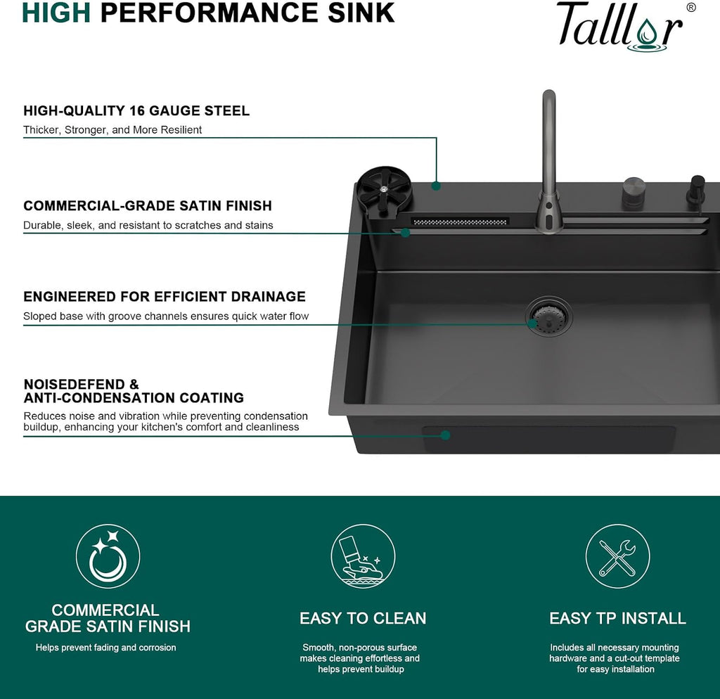 36 Inch Black Drop In Kitchen Sink with Faucet Waterfall 16 Gauge Stainless Steel Workstation All-In One Single Bowl 3-Holes Sink with Cup Washer, Soap Dispenser, Gunmetal Black #TLWF-0032