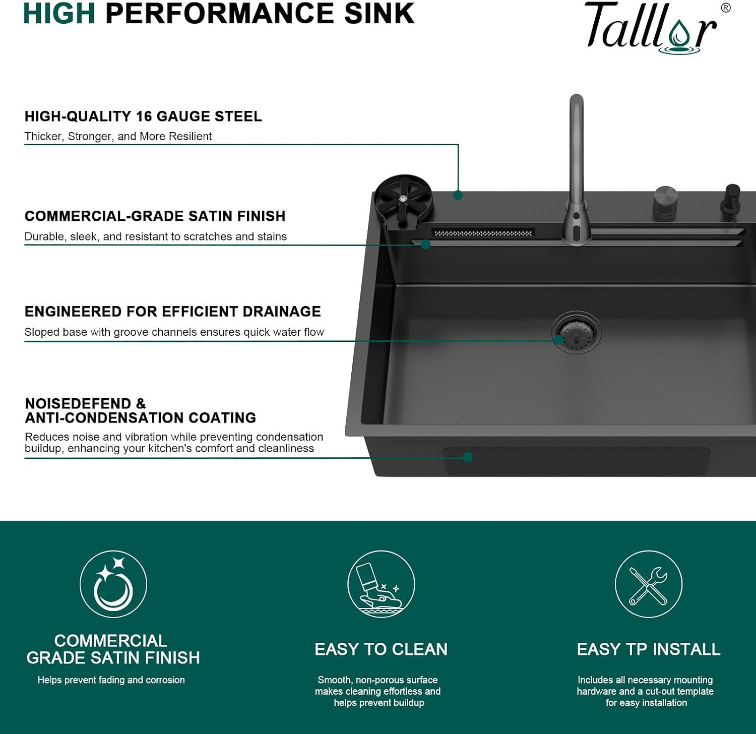 36 Inch Black Drop In Kitchen Sink with Faucet Waterfall 16 Gauge Stainless Steel Workstation All-In One Single Bowl 3-Holes Sink with Cup Washer, Soap Dispenser, Gunmetal Black #TLWF-0032