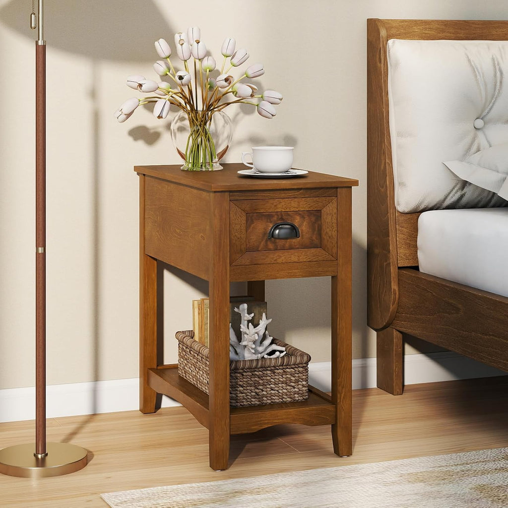 Giantex End Table with Drawer, Retro Narrow Side Table, Nightstand with Solid Wood & Storage Shelf, Bedside Table for Living Room Bedroom Small Space Home Office (2, Tawny)