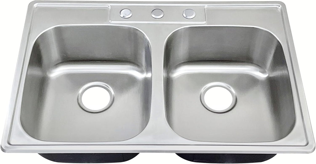 33x22 Drop In Double Bowl Kitchen Sink 33 Inch 50/50 Topmount 18 Gauge Stainless Steel Commercial Grade Satin Finish Sinks 33' x 22' x 9' (Sink Only)