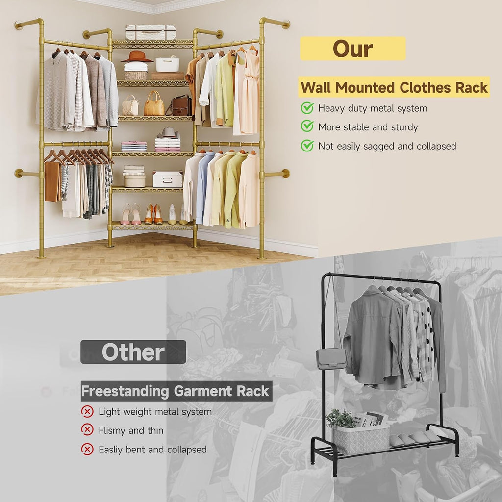 ONBRILL L3 Wall Mounted Industrial Pipe Closet System, Corner Closet Organizers with 4 Telescopic Rods & 6 Shelves, Heavy Duty Clothing Clothes Rack in Wardrobe Closet (Gold)