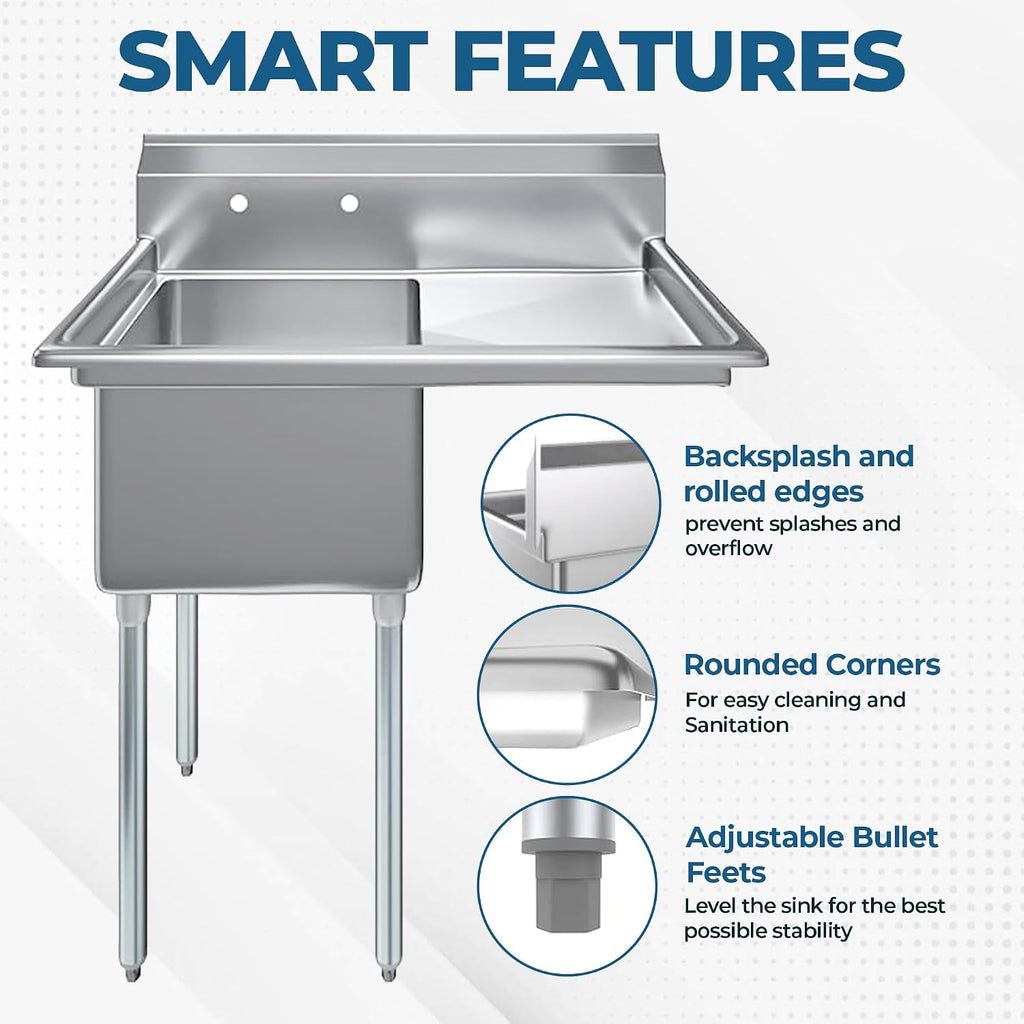 Stainless Steel Prep & Utility Sink | 304 Stainless Steel | Restaurant, Kitchen, Laundry, Garage | NSF (23 in. x 39 in. | One Bowl | Right Drainboard)