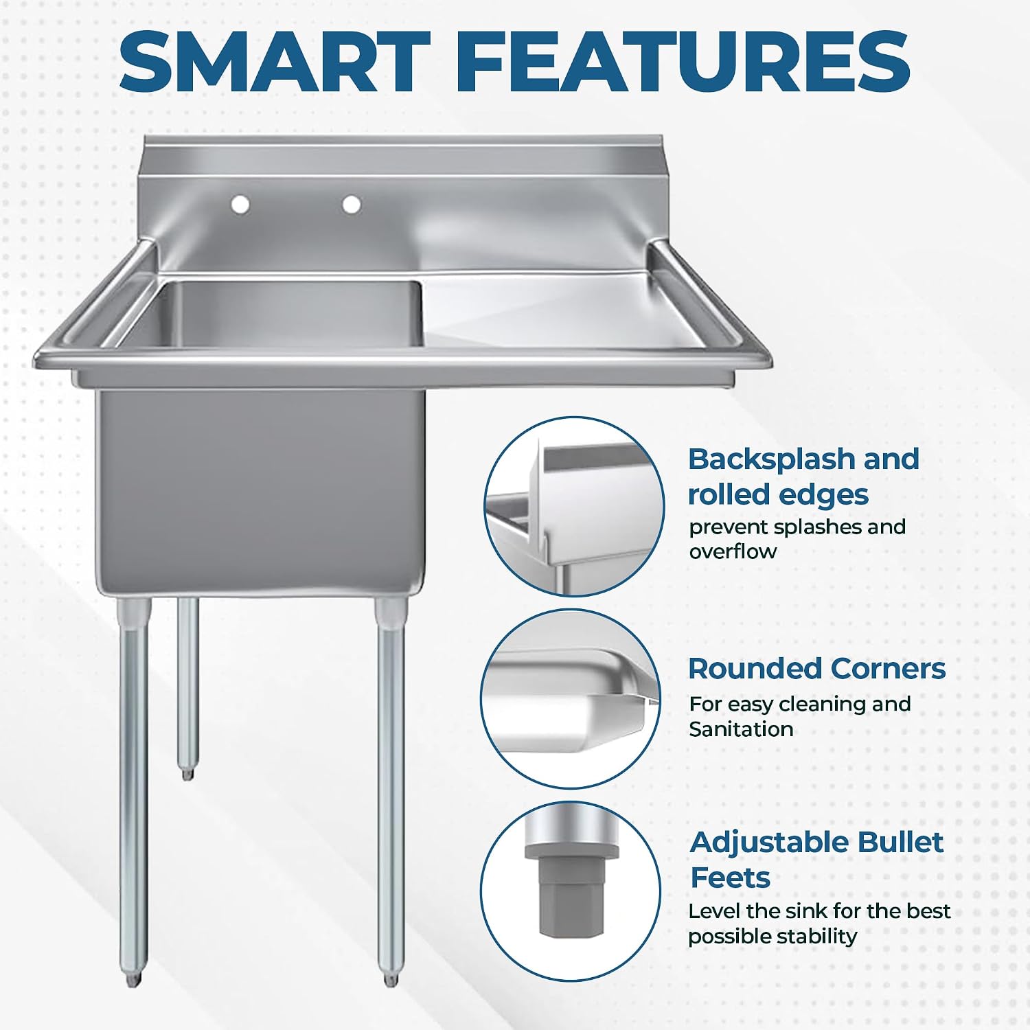 Stainless Steel Prep & Utility Sink | 304 Stainless Steel | Restaurant, Kitchen, Laundry, Garage | NSF (23 in. x 39 in. | One Bowl | Right Drainboard)