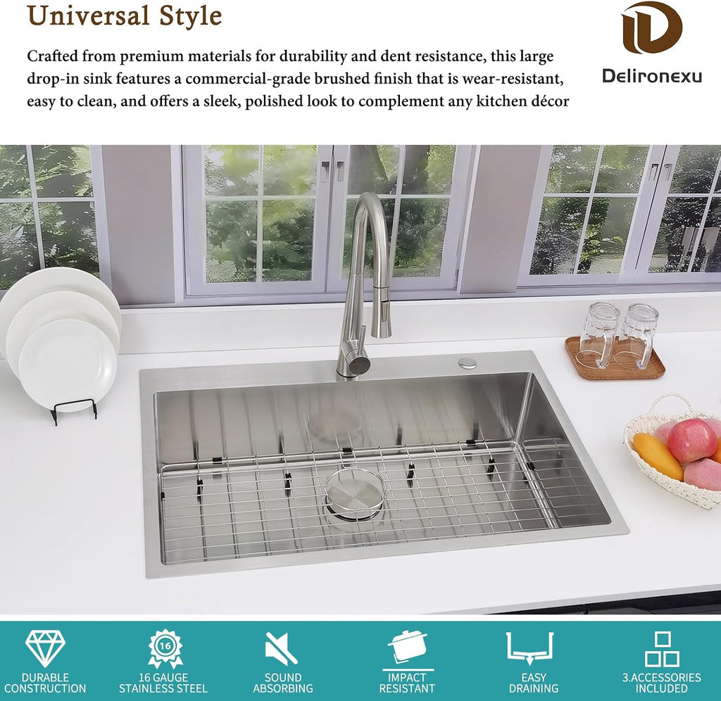 33x22 Drop In Kitchen Sink - Delironexu 16 Gauge Top Mount Stainless Steel Kitchen Sink, 33 Inch Deep Single Bowl kitchen Sinks with 3-Piece Accessories