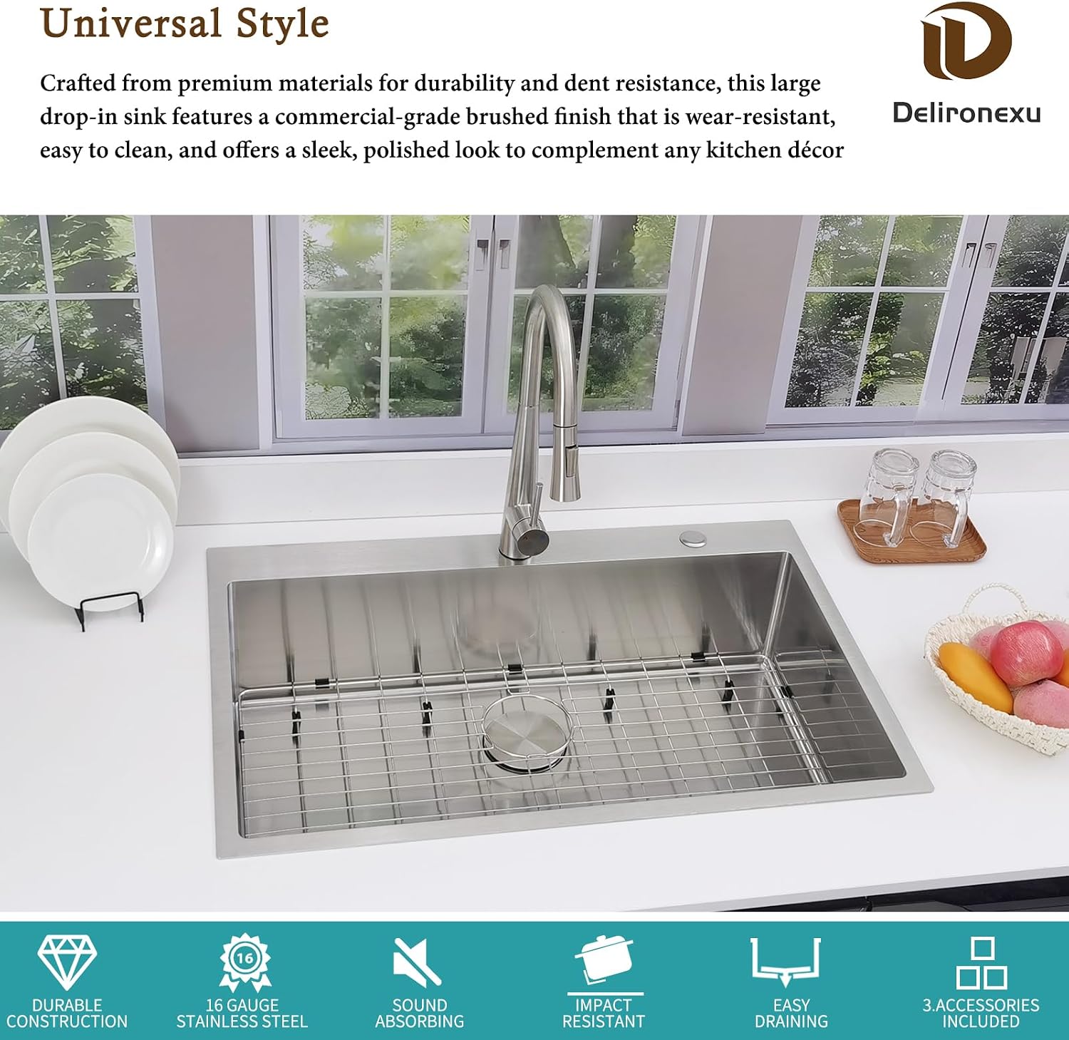 33x22 Drop In Kitchen Sink - Delironexu 16 Gauge Top Mount Stainless Steel Kitchen Sink, 33 Inch Deep Single Bowl kitchen Sinks with 3-Piece Accessories