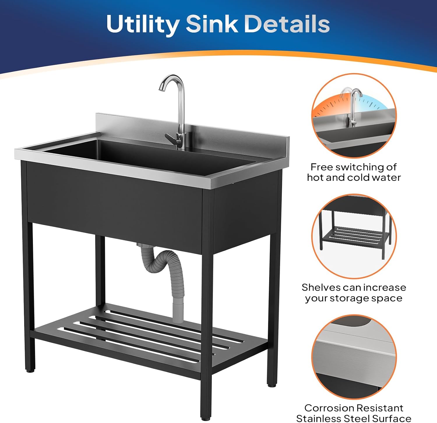 ROVSUN Stainless Steel Black Utility Sink, Free Standing Sink with Faucet & Legs for Laundry Room, Kitchen, Restaurant, Garage, Outdoor Garden, Backyard, Commercial, Industrial 20'D x 36'W x 38.39'H