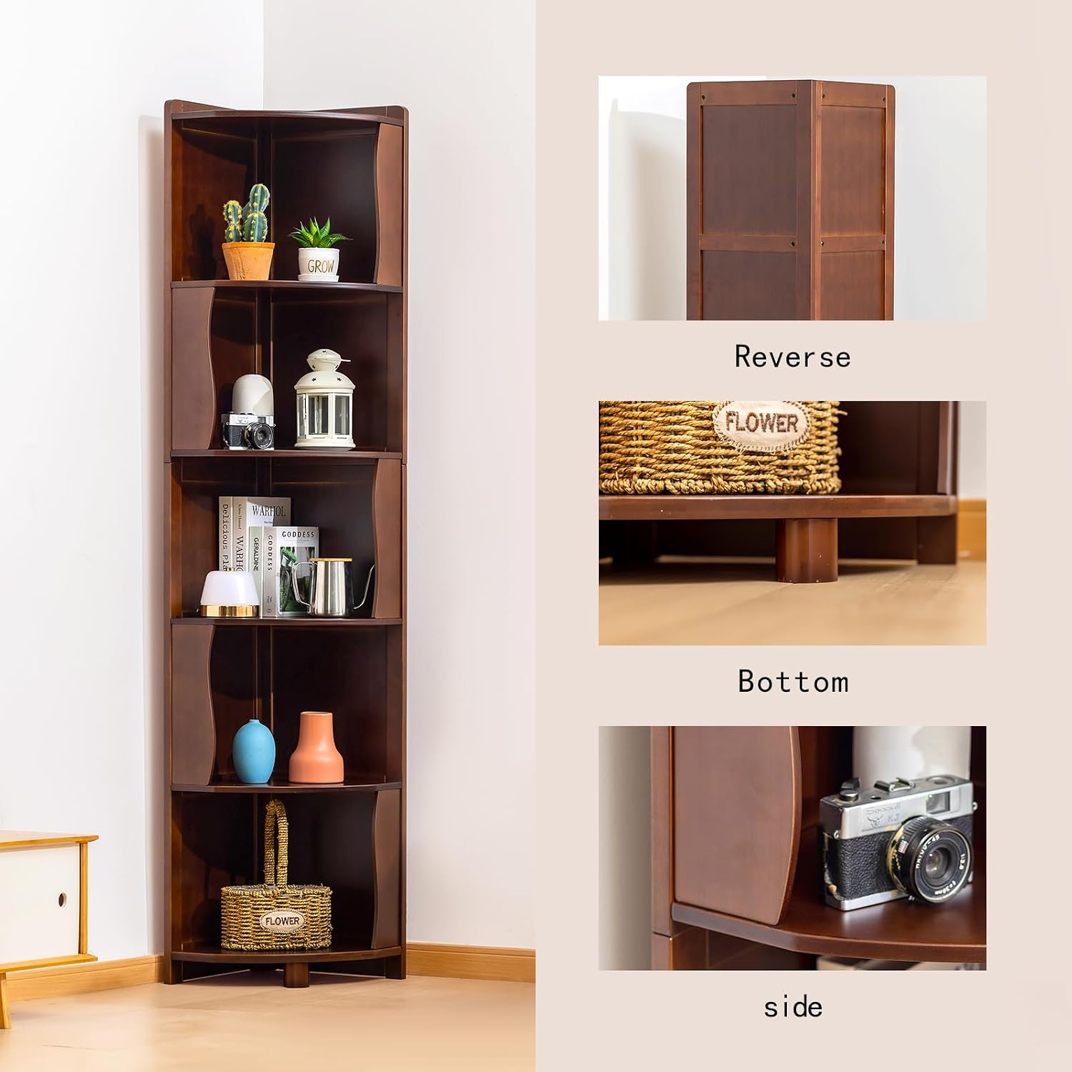 5-Tier Bamboo Corner Shelf Freestanding Fan-Shaped Storage Rack, Space-Saving Corner Cabinet for Living Room or Bedroom, Easy to Assemble, Dark Walnut