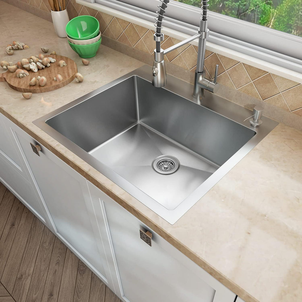 Sinber HT2522S-9-S 25' x 22' x 9' Drop In Single Bowl Kitchen Sink with 18 Gauge 304 Stainless Steel Satin Finish (Sink Only)