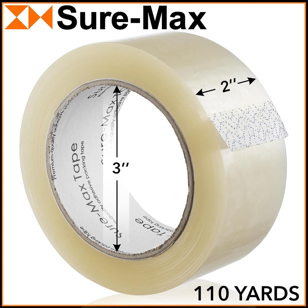 Sure-Max Premium Carton Packing Tape 2.0 mil 330 Feet (110 Yards) - Clear - 4 Cases (144 Rolls Total)