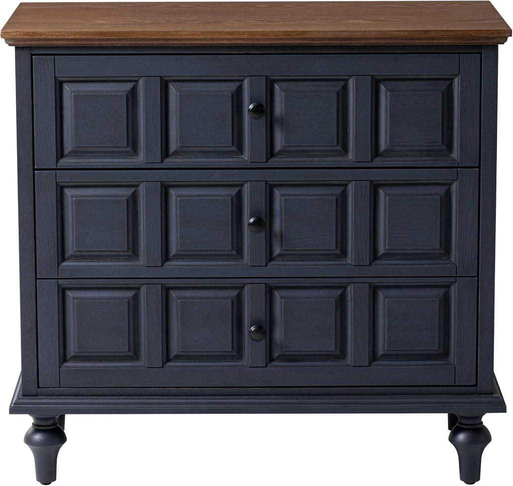 Aoikax Retro 3 Drawer Dresser with Plaid Pattern Front, Rustic Nightstand with Storage Chest for Bedroom, Living Room, Pine Wood, Aluminum Handle, Natural Wood, Dark Blue