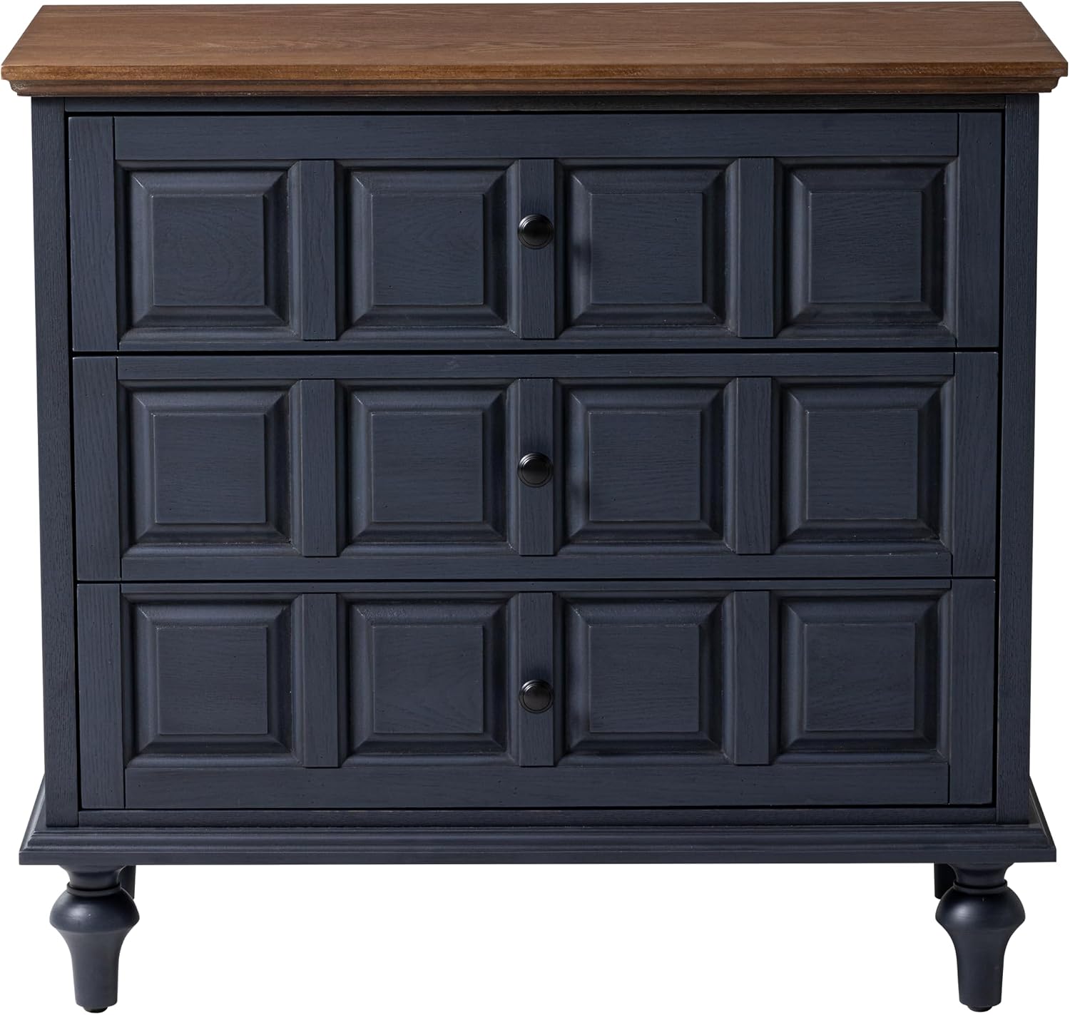 Aoikax Retro 3 Drawer Dresser with Plaid Pattern Front, Rustic Nightstand with Storage Chest for Bedroom, Living Room, Pine Wood, Aluminum Handle, Natural Wood, Dark Blue