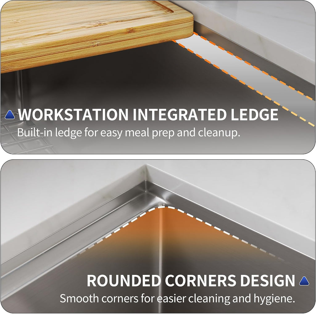DeerValley 30 x 18 Inch Undermount Kitchen Sink Workstation - 18 Gauge Stainless Steel Single Bowl Sink, Handmade with Built-In Accessories, Ledge Design & Cutting Board