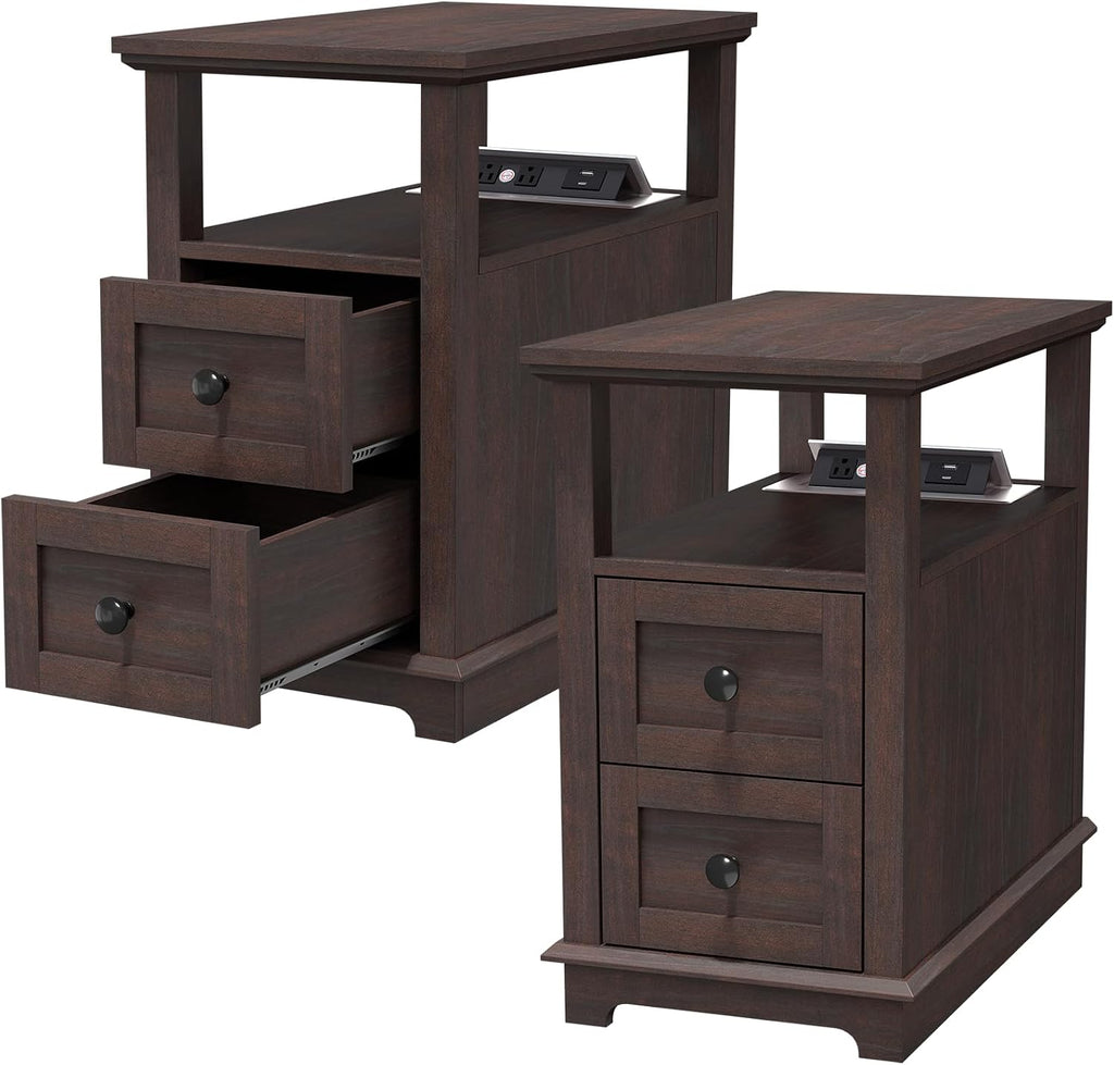 HIFYOBRO Narrow End Table with Flip Top Charging Station Set of 2, Side Table with 2 Drawers, Type-C & USB Port & Power outlets, Wooden Storage Cabinet for Living Room and Bedroom