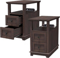 HIFYOBRO Narrow End Table with Flip Top Charging Station Set of 2, Side Table with 2 Drawers, Type-C & USB Port & Power outlets, Wooden Storage Cabinet for Living Room and Bedroom