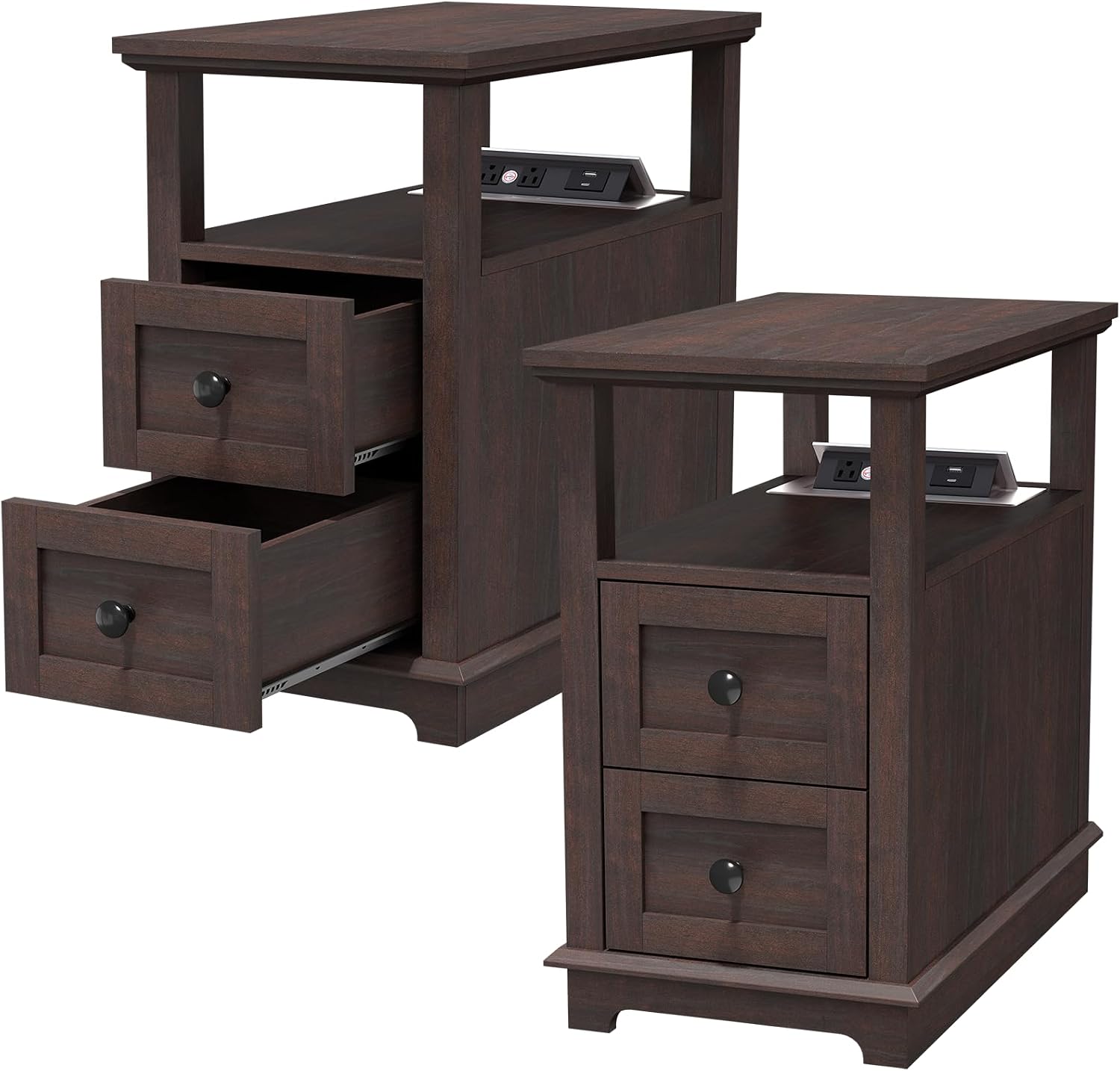 HIFYOBRO Narrow End Table with Flip Top Charging Station Set of 2, Side Table with 2 Drawers, Type-C & USB Port & Power outlets, Wooden Storage Cabinet for Living Room and Bedroom