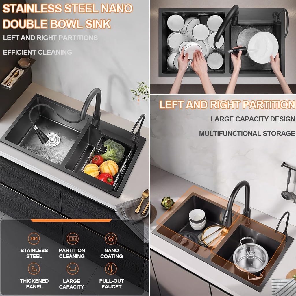 Nano Black Double Bowl Kitchen Sink Multifunctional Stainless Steel Bar Sink Rv Sink with Pull-Out Faucet Drain Basket Soap Dispenser and Drainage Component(Black-72x40x21cm
