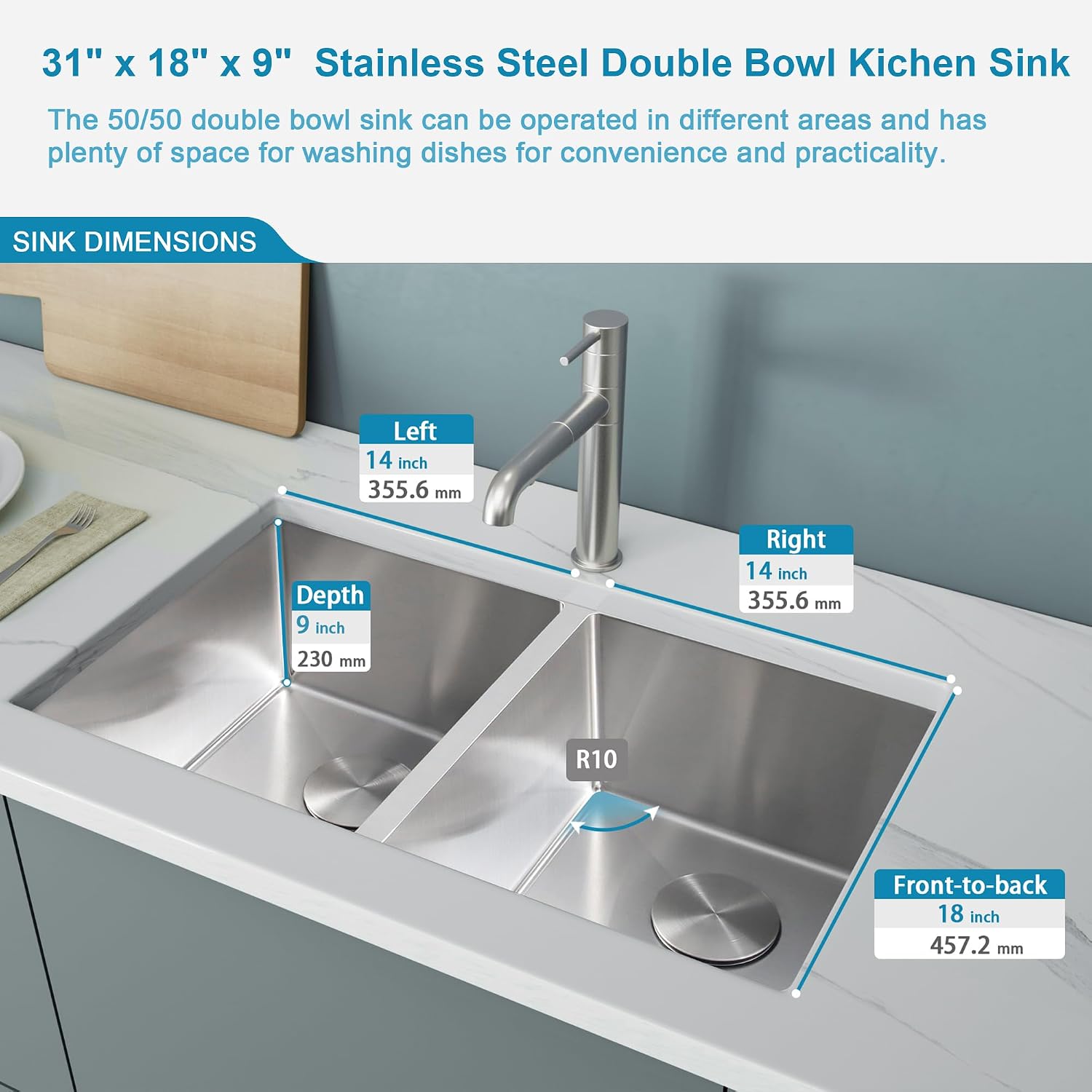 Kitsitchen Undermount Kitchen Sink,16 Gauge 304S Stainless Steel Double Kitchen Sink with Drain Strainers & Grids, 31' x 18' x 9' Large and Deep Handmade Kitchen Sinks,50/50 Double Bowl Design