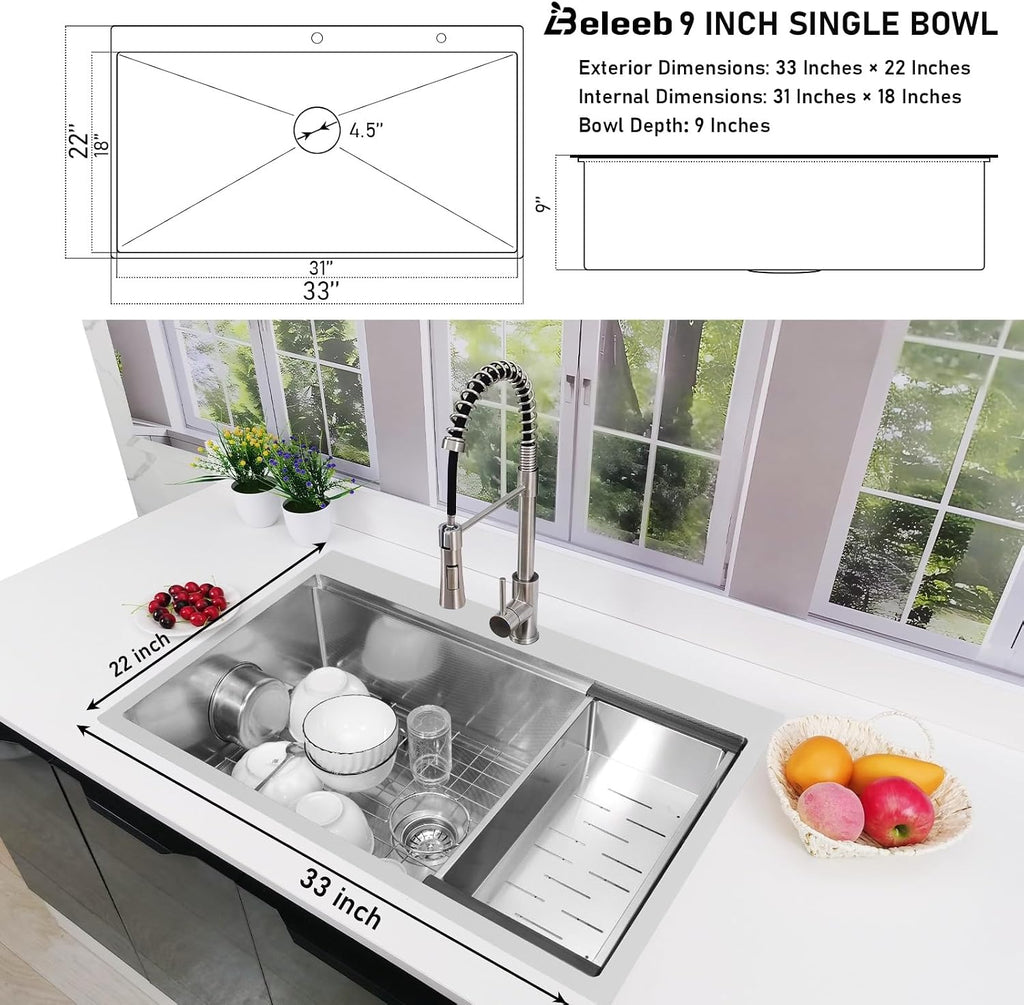 33x22' Drop-in Kitchen Sink Workstation 3D Embossed Surface- 18-Gauge 9' Depth Stainless Steel Single Bowl Top Mount with Accessories