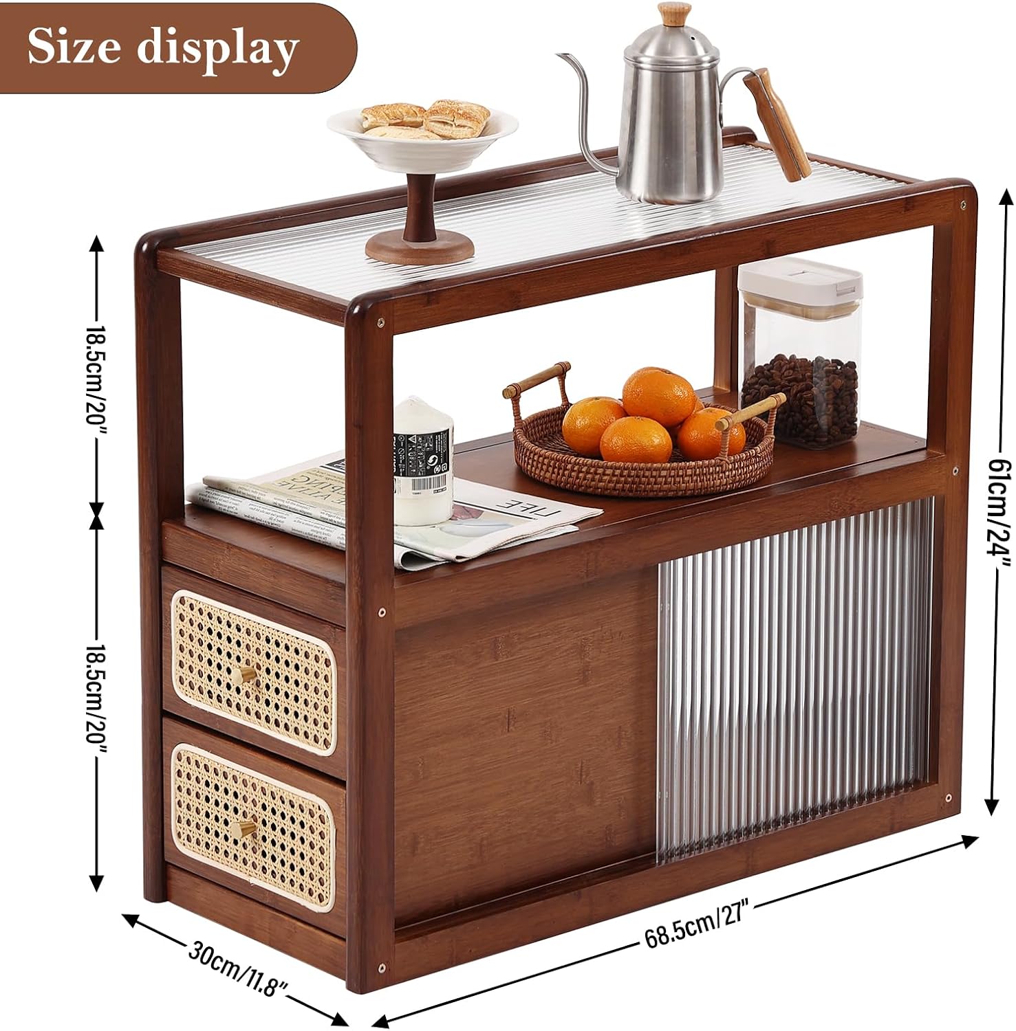 Tiita Rattan Nightstand Side Table, Bamboo Accent Bedside Tables, Glass Coffee Tables, Boho Wooden End Table with Storage for Small Space, Living Room and Bedroom