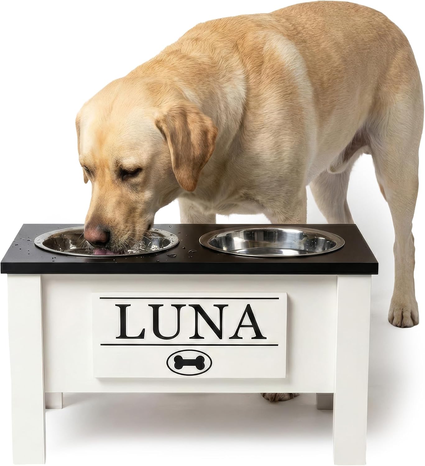 GTW Elevated Dog Bowl Stand for Large Dogs - Customized Feeding Station with Storage & Stainless Steel Bowls (Large, Black)