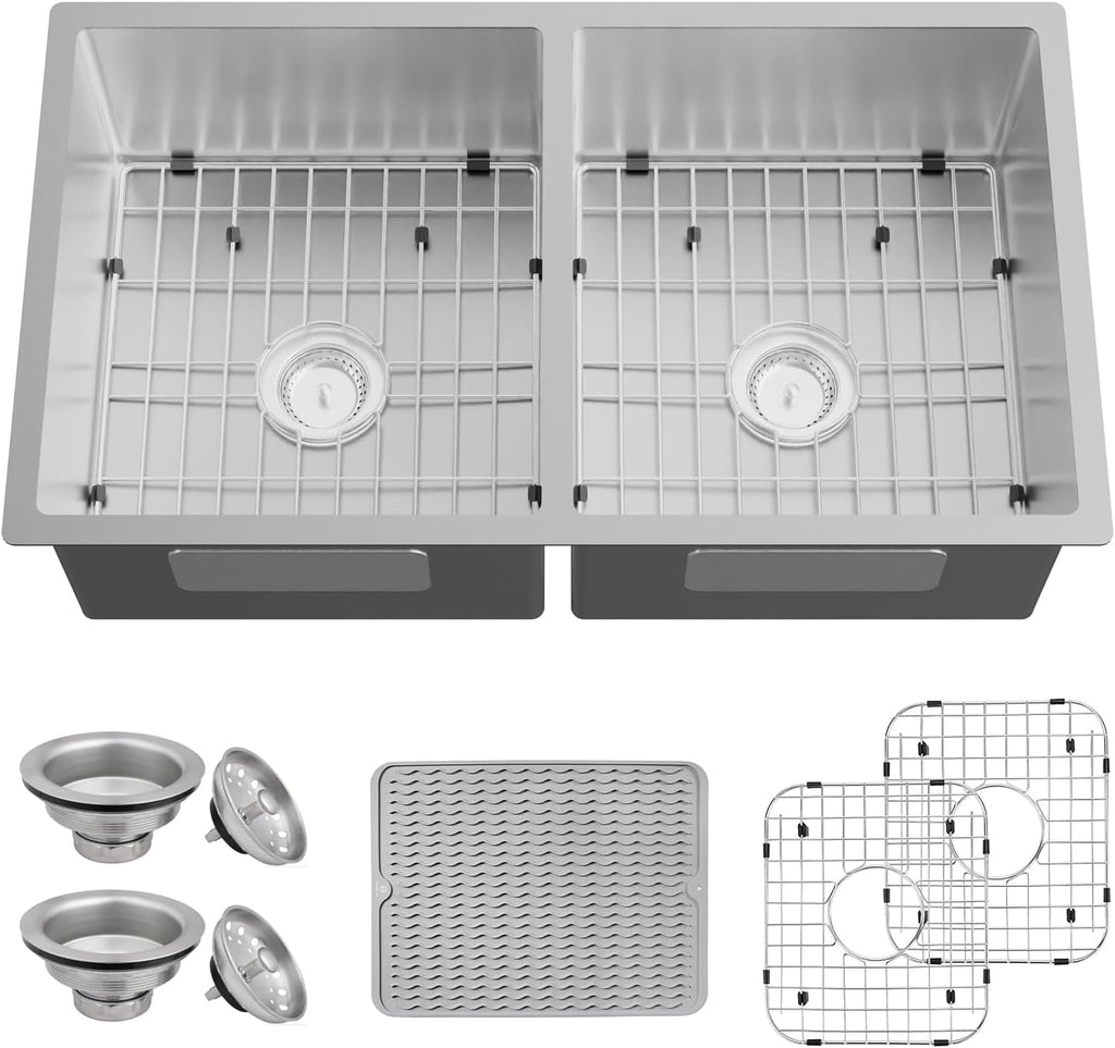 Kitchen Sink, 50/50 Double Bowl 33x19x8 Inch Undermount Stainless Steel Drop In Large Kitchen Sink Combo-Stainless Grid, Silicon Mat, Installation Clips For Modern SS Stylish Kitchen&Bar
