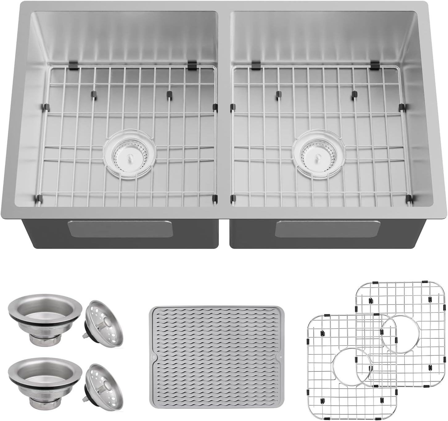 Kitchen Sink, 50/50 Double Bowl 33x19x8 Inch Undermount Stainless Steel Drop In Large Kitchen Sink Combo-Stainless Grid, Silicon Mat, Installation Clips For Modern SS Stylish Kitchen&Bar