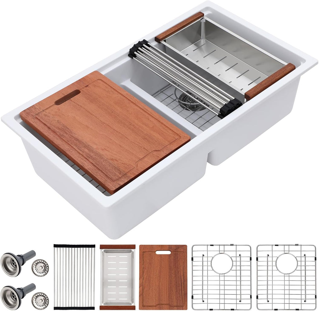 Dcolora 33 Inch Granite Compoisite Kitchen Sink White Undermount Kitchen Sink 50/50 Double Bowl Workstation Elegant Under Counter basin 33'×19'×10'，#DC-GX3327