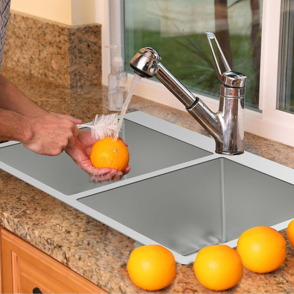 Stainless Steel 50/50 Double Bowl 33x22x9 Inch Drop In Kitchen Sink - Topmount Modern Style, Combo-Sink Grid, Silicon Mat, Drain Assembly